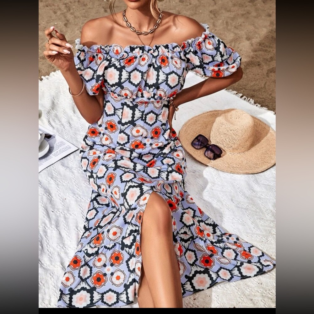 Worn Geo Print Puff Sleeve Frilled Slit Thigh Ruffle Hem Dress